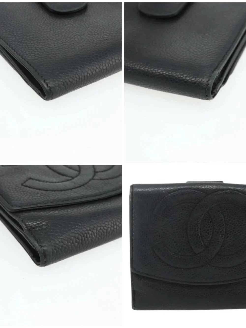CHANEL Bifold Wallet Grained Calf Skin Black Gold CC Auth bs34761